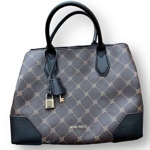 Nine West Brooklyn Jet Set Satchel Brown Black Logo Polyurethane Bag Purse Tote